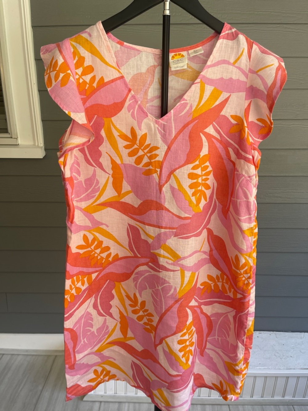 C&C California Pink & Orange Tropical V-Neck Mini Dress Size Small